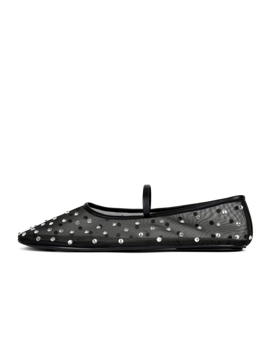 Cute Black Mesh Round Toe Mary-Jane Ballet Flat With Sparkle Rhinestones