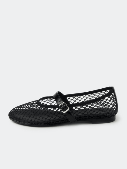 Fishnet Round-Toe Ballet Flats Mary Janes With Buckled Strap In Black