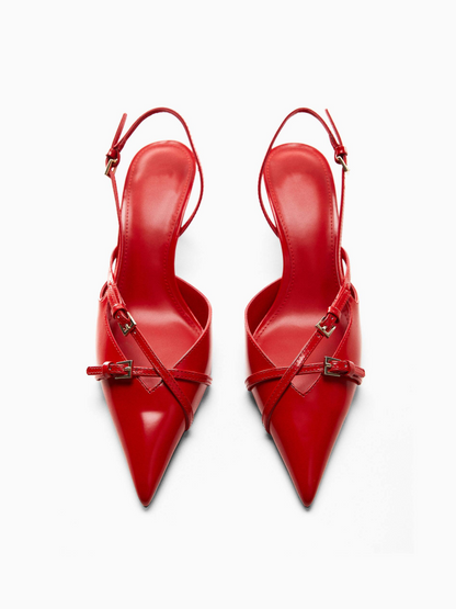 Red Vegan Leather Pointy Kitten Heeled Slingback Shoes With Buckles