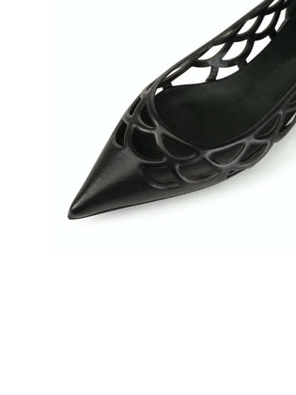 Black Boho Hollow-Out Pointed-Toe Ballet Flats