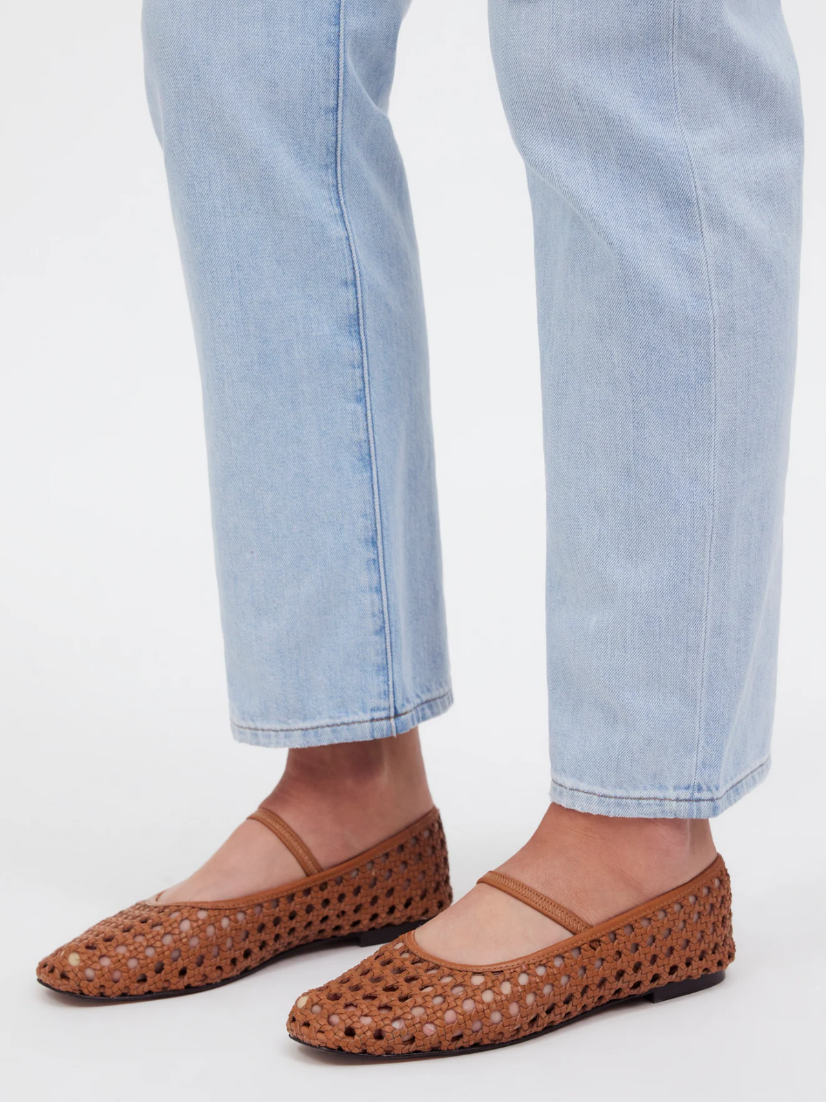 Brown Woven Hollow-Out Ballet Flats Square-Toe Boho Mary Janes