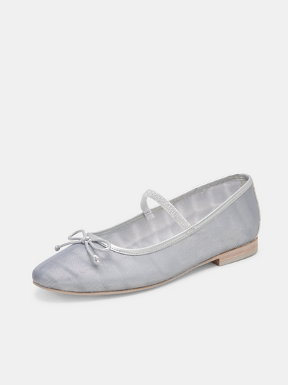 Bow Round-Toe Ballet Flats Mary Janes in Metallic Silver Mesh