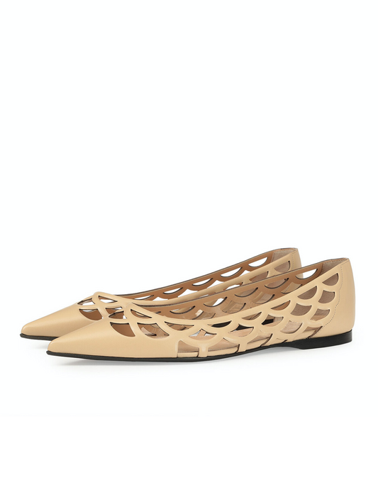 Beige Boho Hollow-Out Pointed-Toe Ballet Flats