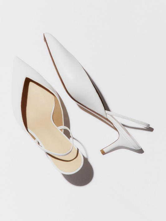 White Vegan Leather Pointy Kitten Heels Slingback Bridal Shoes