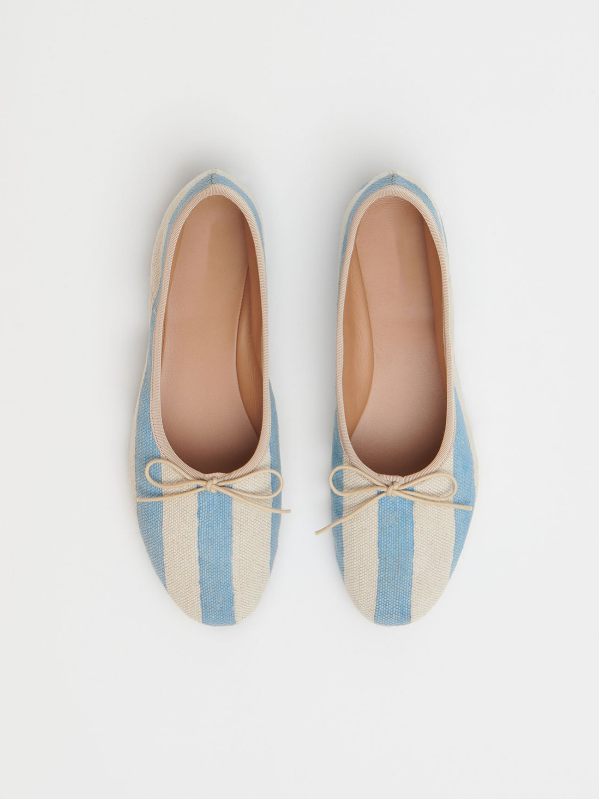 Sky Blue Stripe Bow Round-Toe Canvas Ballet Flats