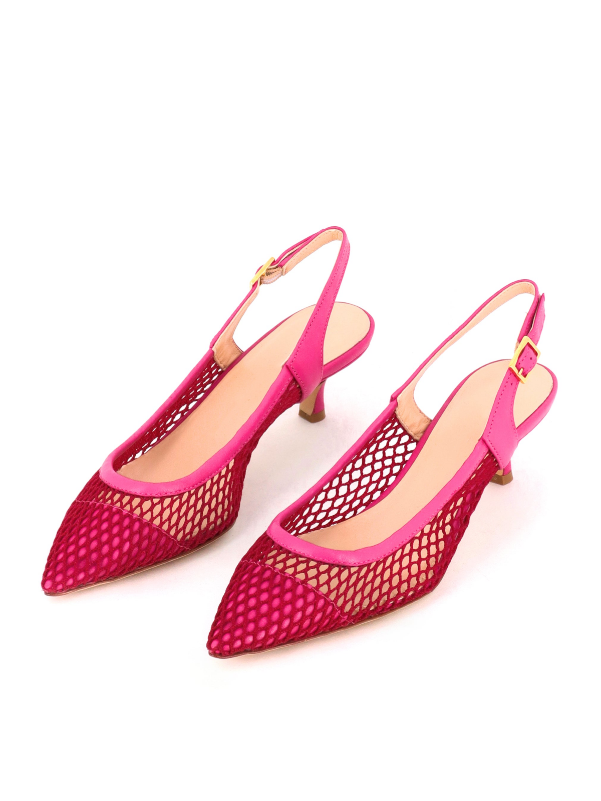 Hot Pink Pointy Kitten Heels Slingback Pumps in Fishnet & Vegan Leather