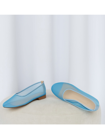 Round-Toe Slip-On Ballet Flats in Blue Mesh