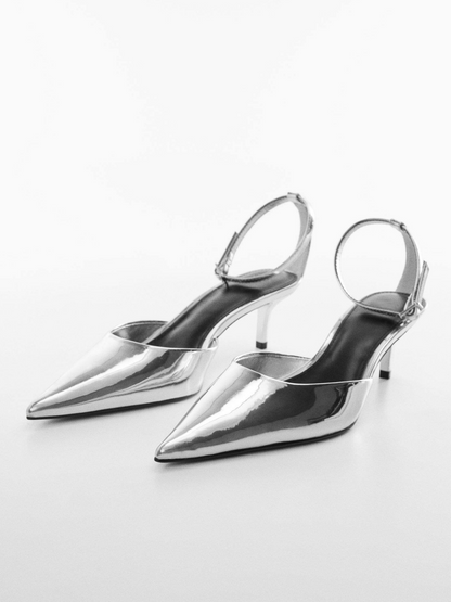 Metallic Silver Pointy Kitten Heel Shoes For Women With Buckled Ankle Strap