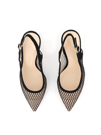 Black Pointy High Heels Slingback Pumps in Fishnet & Faux Suede