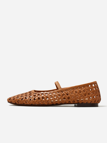 Brown Woven Hollow-Out Ballet Flats Square-Toe Boho Mary Janes