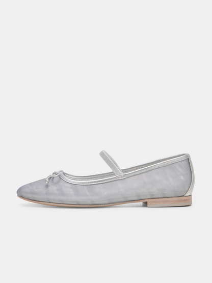 Bow Round-Toe Ballet Flats Mary Janes in Metallic Silver Mesh