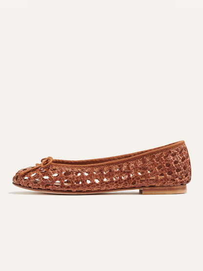 Brown Woven Bow Hollow-Out Round-Toe Slip-On Ballet Flats