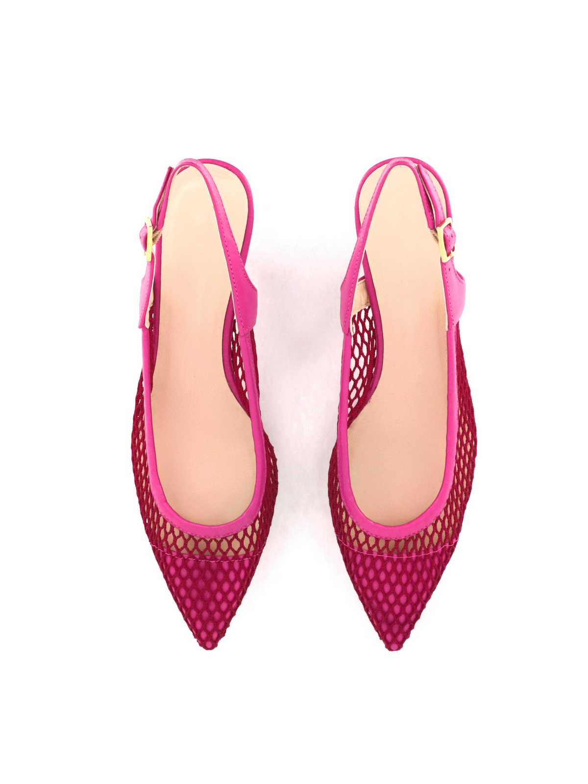 Hot Pink Pointy Kitten Heels Slingback Pumps in Fishnet & Vegan Leather