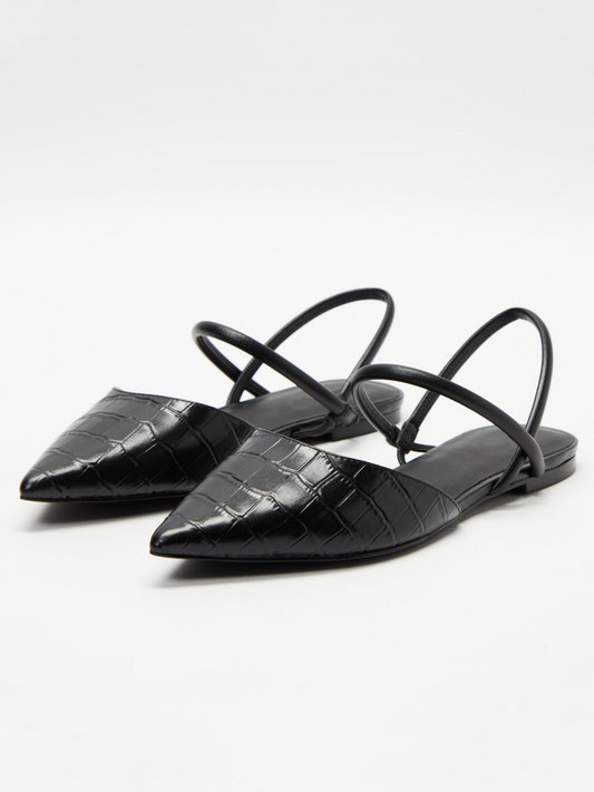 Black Crocodile Embossed Pointed-Toe Flats With Double Straps