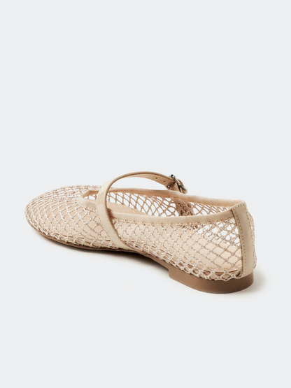 Fishnet Round-Toe Ballet Flats Mary Janes With Buckled Strap In Beige