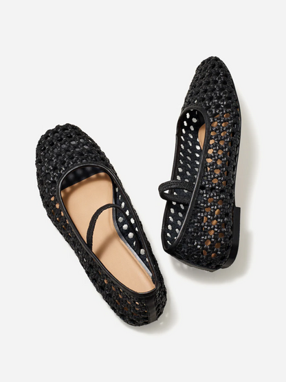 Black Woven Hollow-Out Ballet Flats Square Toe Boho Mary Janes