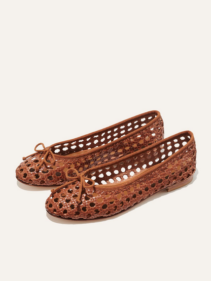 Brown Woven Bow Hollow-Out Round-Toe Slip-On Ballet Flats