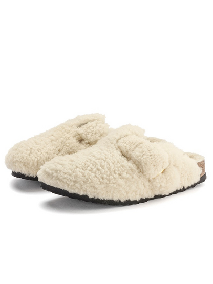 White Faux Shearling Big Buckle Teddy Cork Clogs Rounded Toe Backless Slippers Flats Mules