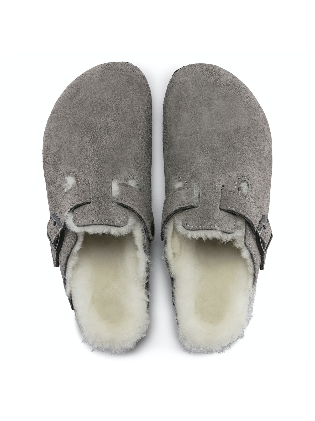 Grey Faux Suede Buckle Cork Clogs With Faux Shearling Lining Rounded Toe Backless Slippers Flats Mules