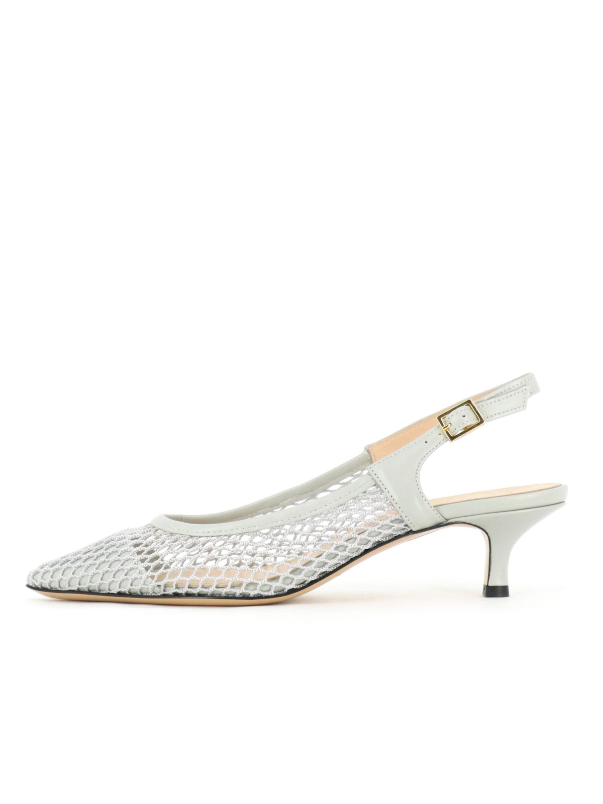 Pearl Grey Pointy Kitten Heels Slingback Pumps in Fishnet & Vegan Leather