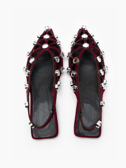 Claret Red Grid Embellished Faux Suede Pointy Ballet Flats Slingbacks