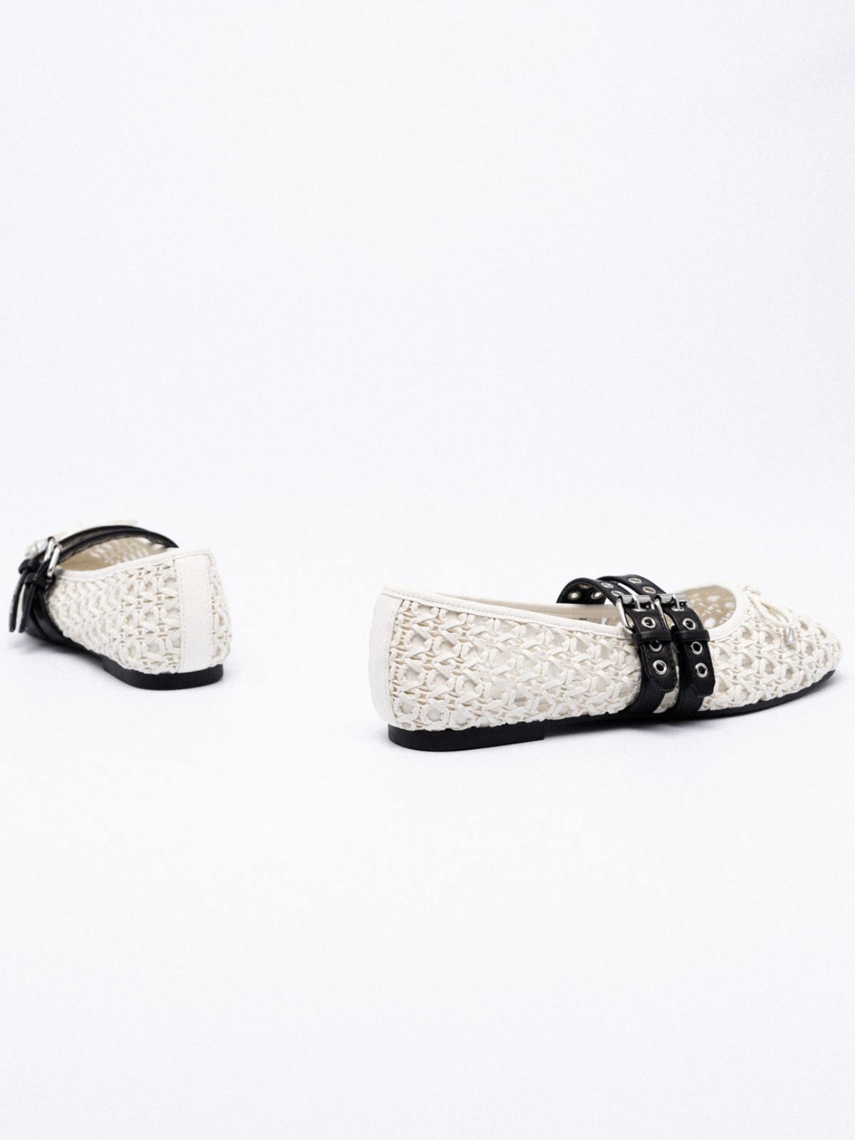 White Raffia Woven Bow Ballet Flats Mary Janes With Grommet Buckled Straps