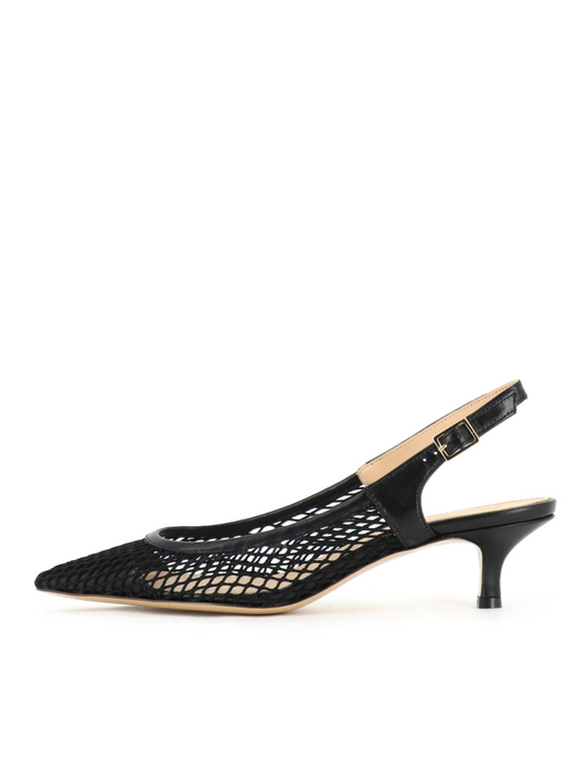 Black Pointy Kitten Heels Slingback Pumps in Fishnet & Vegan Leather