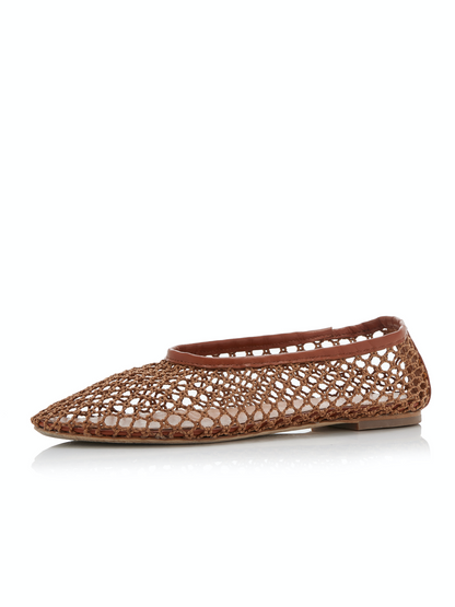 Brown Mesh Crochet Boho Round-Toe Ballet Flats