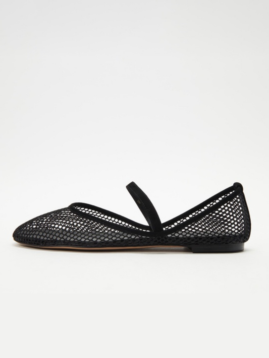 Black Fishnet Ballet Flats Mary Janes With Square Toe