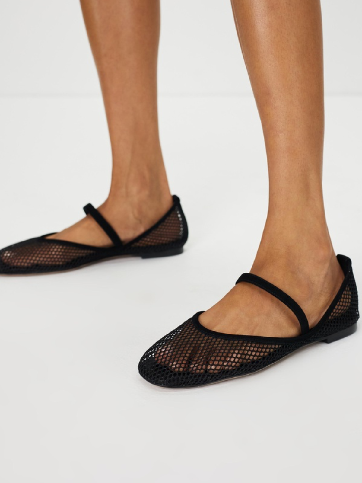 Black Fishnet Ballet Flats Mary Janes With Square Toe