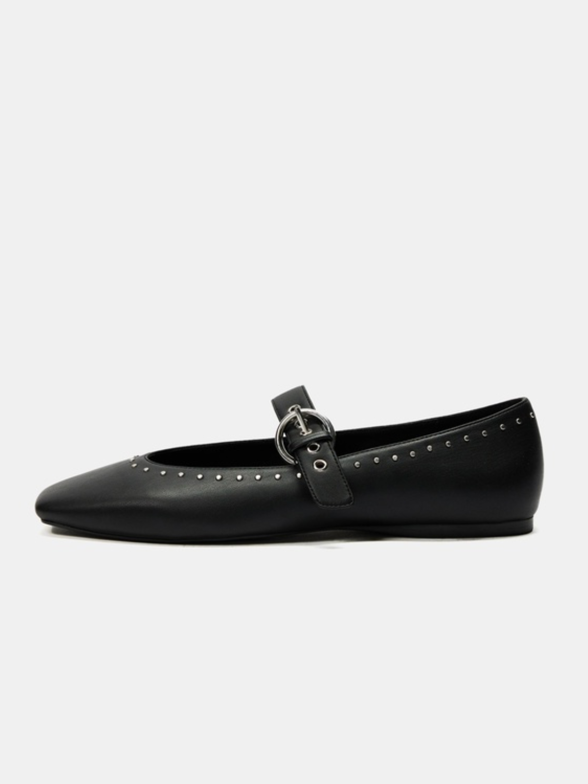 Black Studded Square-Toe Mary Jane Ballet Flats With Grommet Eyelet Buckled Strap