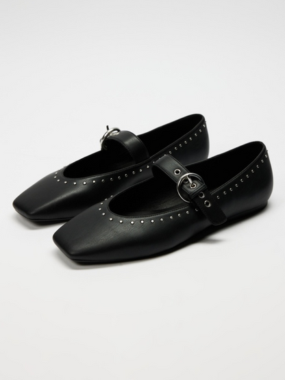 Black Studded Square-Toe Mary Jane Ballet Flats With Grommet Eyelet Buckled Strap