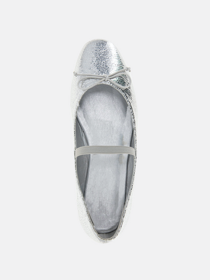 Metallic Silver Snakeskin Bow Square-Toe Ballet Flats Mary Janes