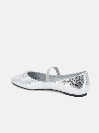 Metallic Silver Snakeskin Bow Square-Toe Ballet Flats Mary Janes