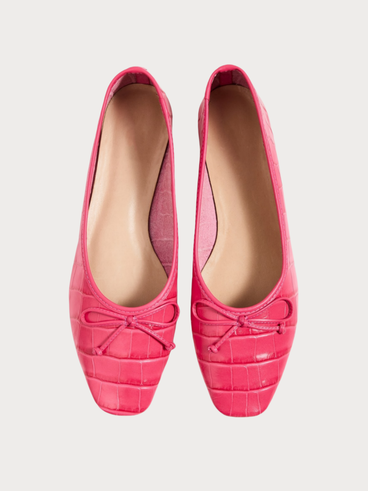 Cerise Pink Crocodile Embossed Bow Square Toe Ballet Flats