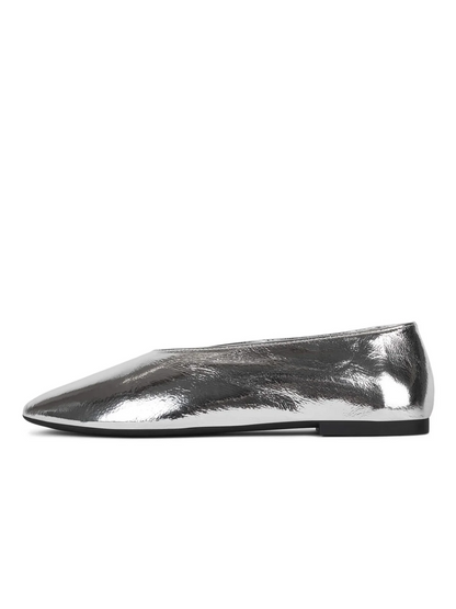 Silver Metallic Crinkle High-Vamp Almond-Toe Flats