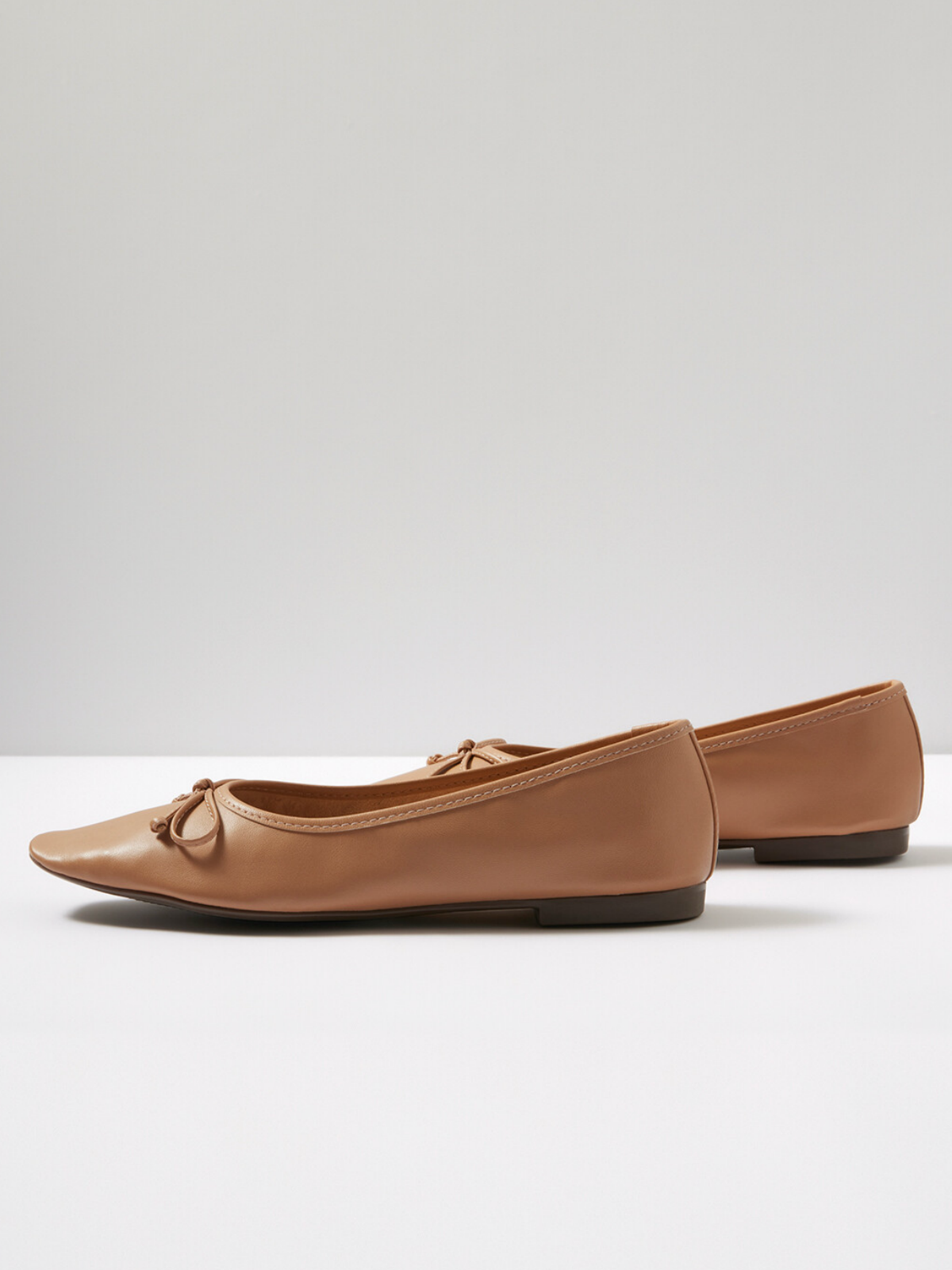 Honey Beige Bow Square-Toe Slip-On Ballet Flats