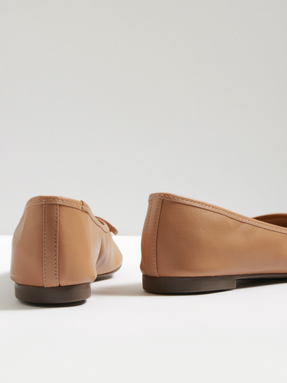 Honey Beige Bow Square-Toe Slip-On Ballet Flats