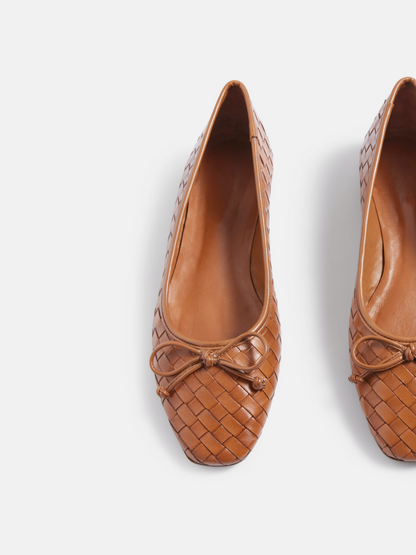 Brown Bow Boho Woven Square-Toe Ballet Flats