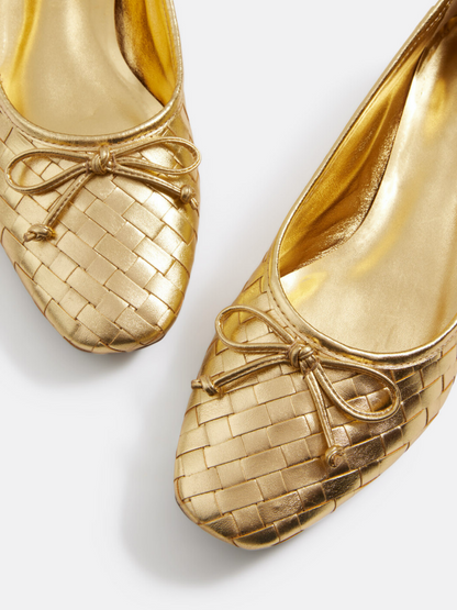 Metallic Gold Bow Woven Square-Toe Ballet Flats