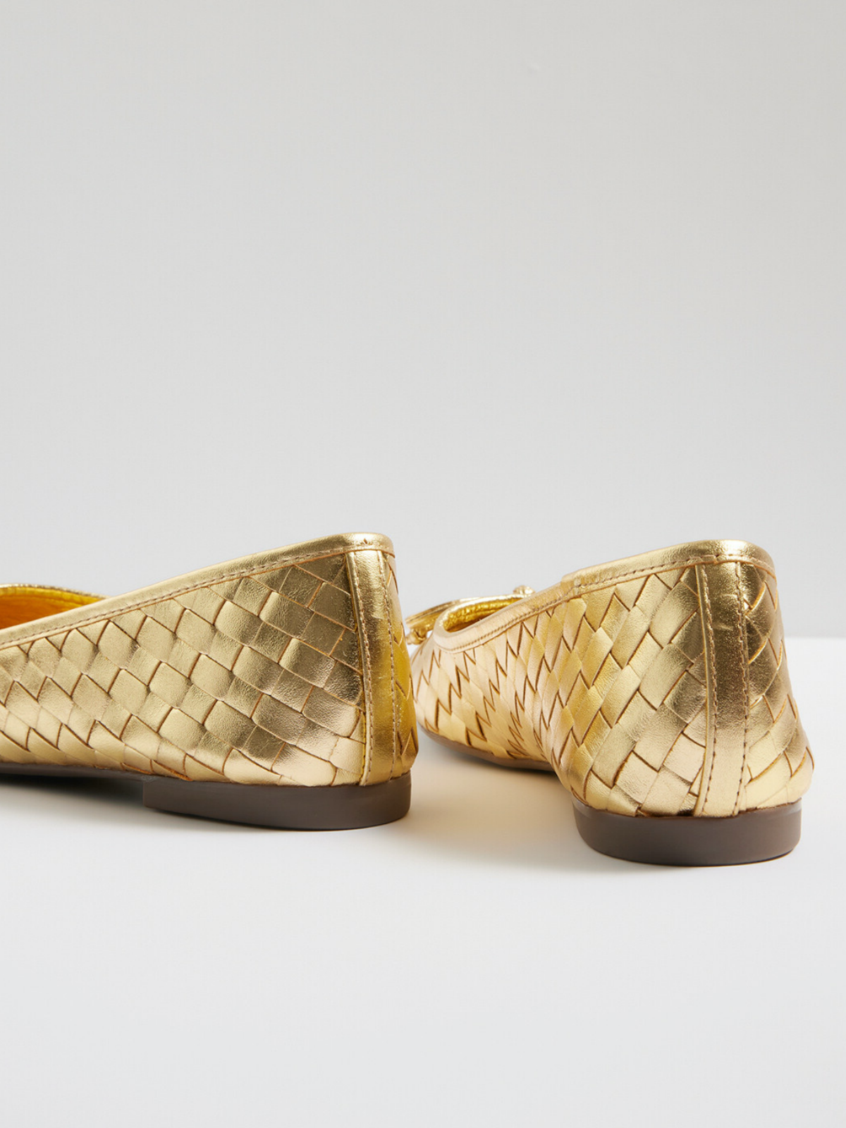 Metallic Gold Bow Woven Square-Toe Ballet Flats