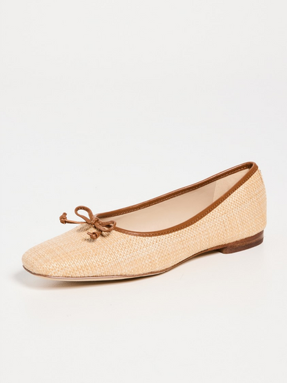 Beechwood Woven Raffia Bow Square Toe Ballet Flats