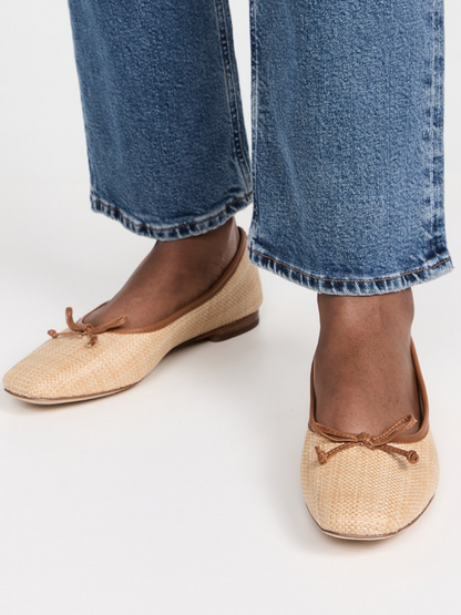 Beechwood Woven Raffia Bow Square Toe Ballet Flats