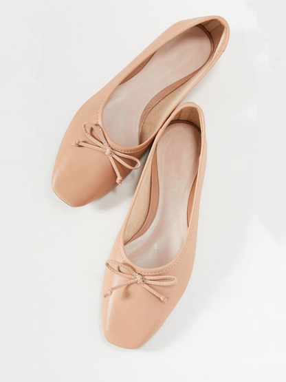 Light Peach Bow Square-Toe Slip-On Ballet Flats