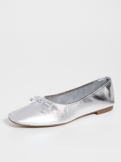 Metallic Silver Bow Square-Toe Slip-On Ballet Flats