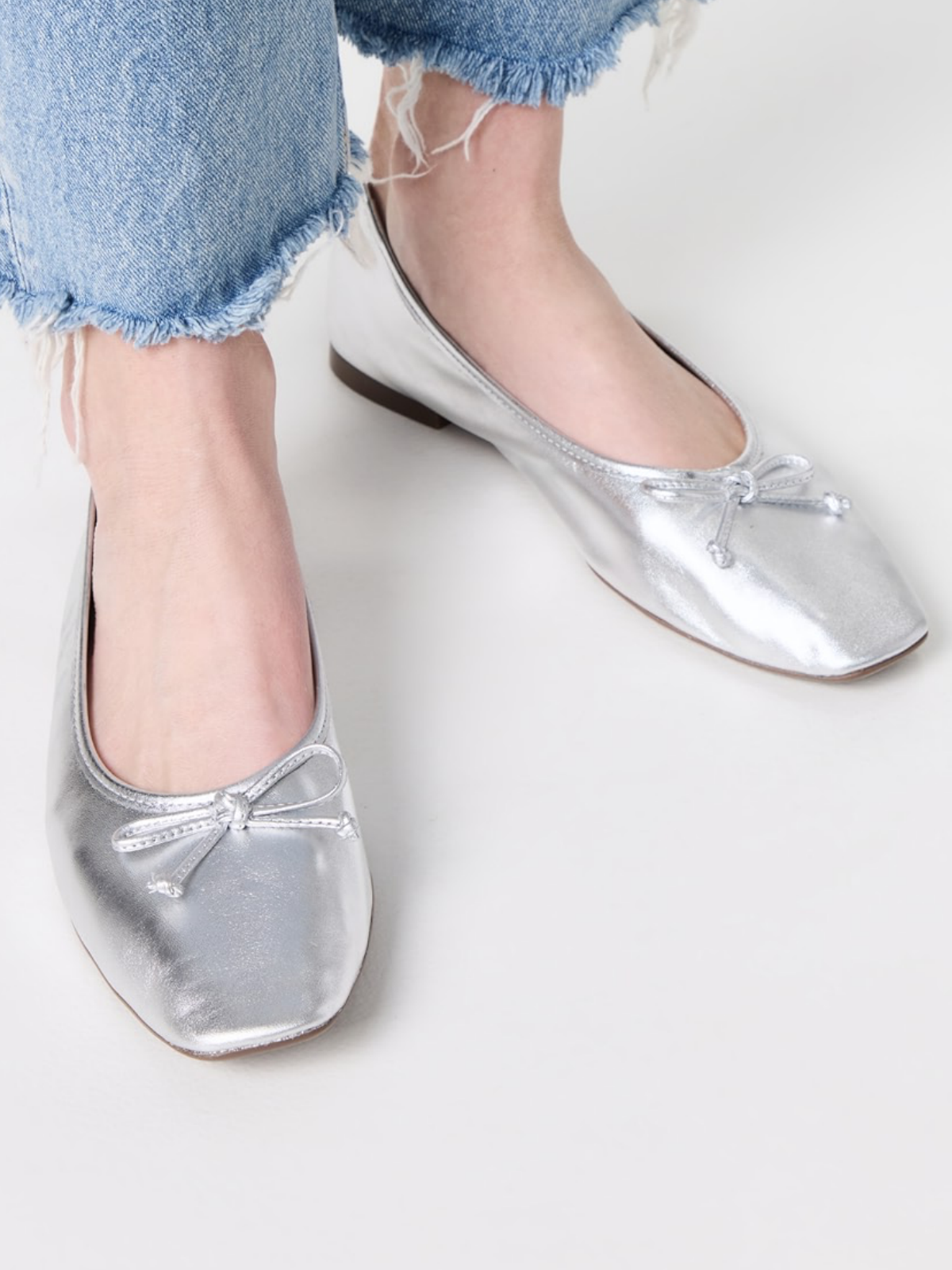 Metallic Silver Bow Square-Toe Slip-On Ballet Flats