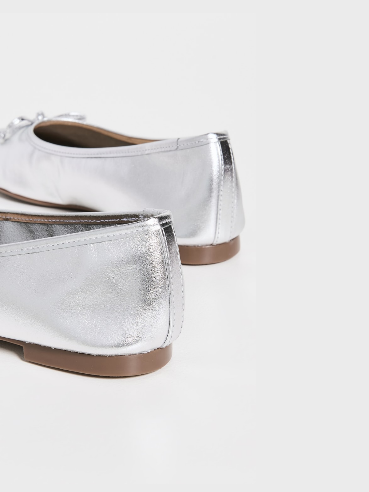 Metallic Silver Bow Square-Toe Slip-On Ballet Flats