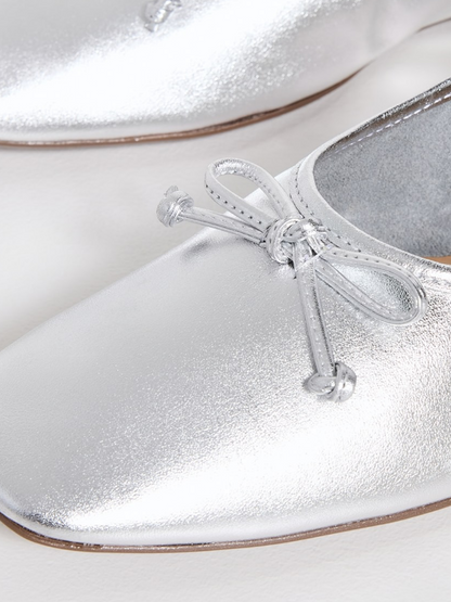 Metallic Silver Bow Square-Toe Slip-On Ballet Flats