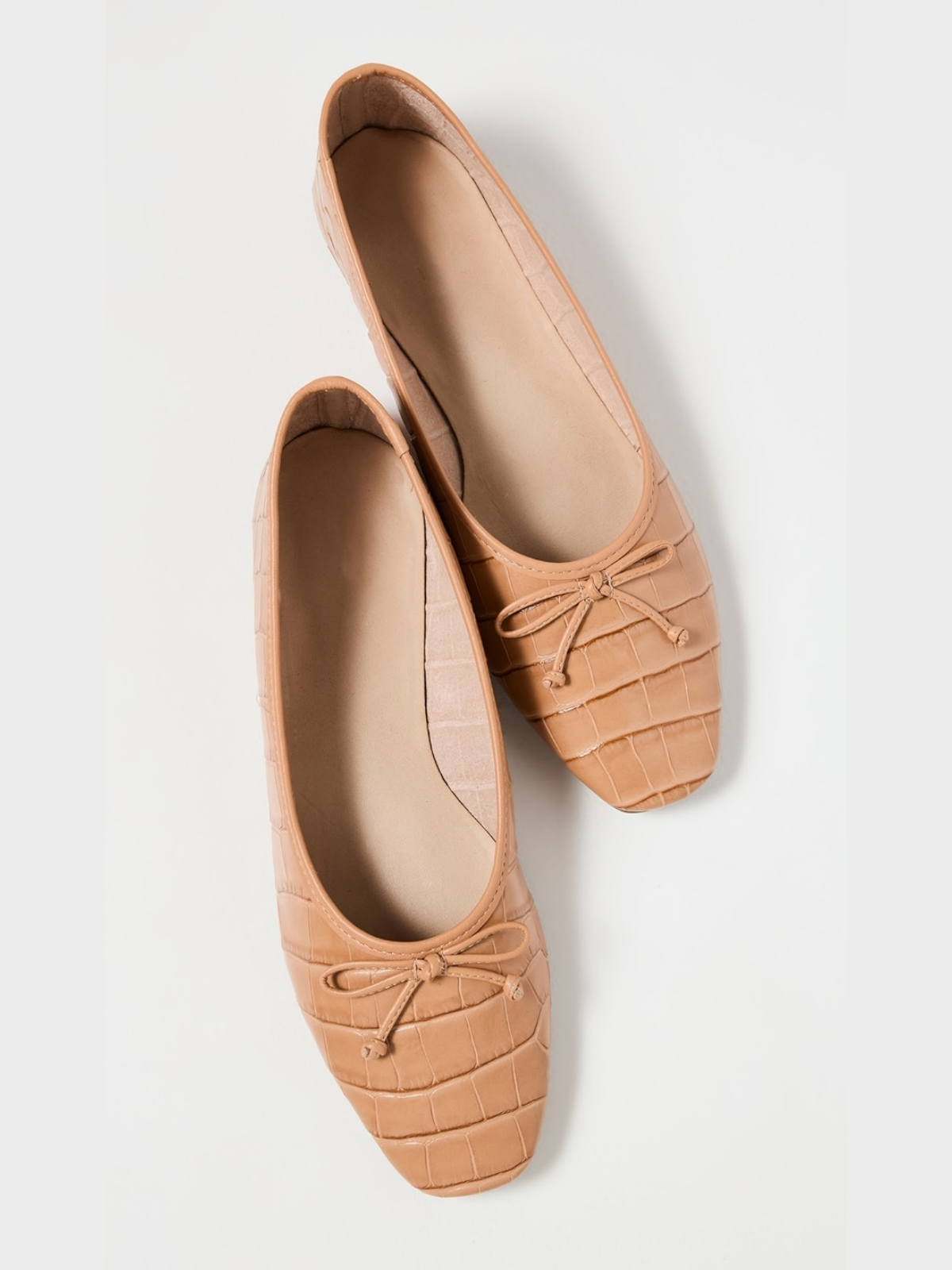 Honey Peach Crocodile Embossed Bow Square Toe Ballet Flats