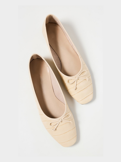 Eggshell White Crocodile Embossed Bow Square Toe Ballet Flats